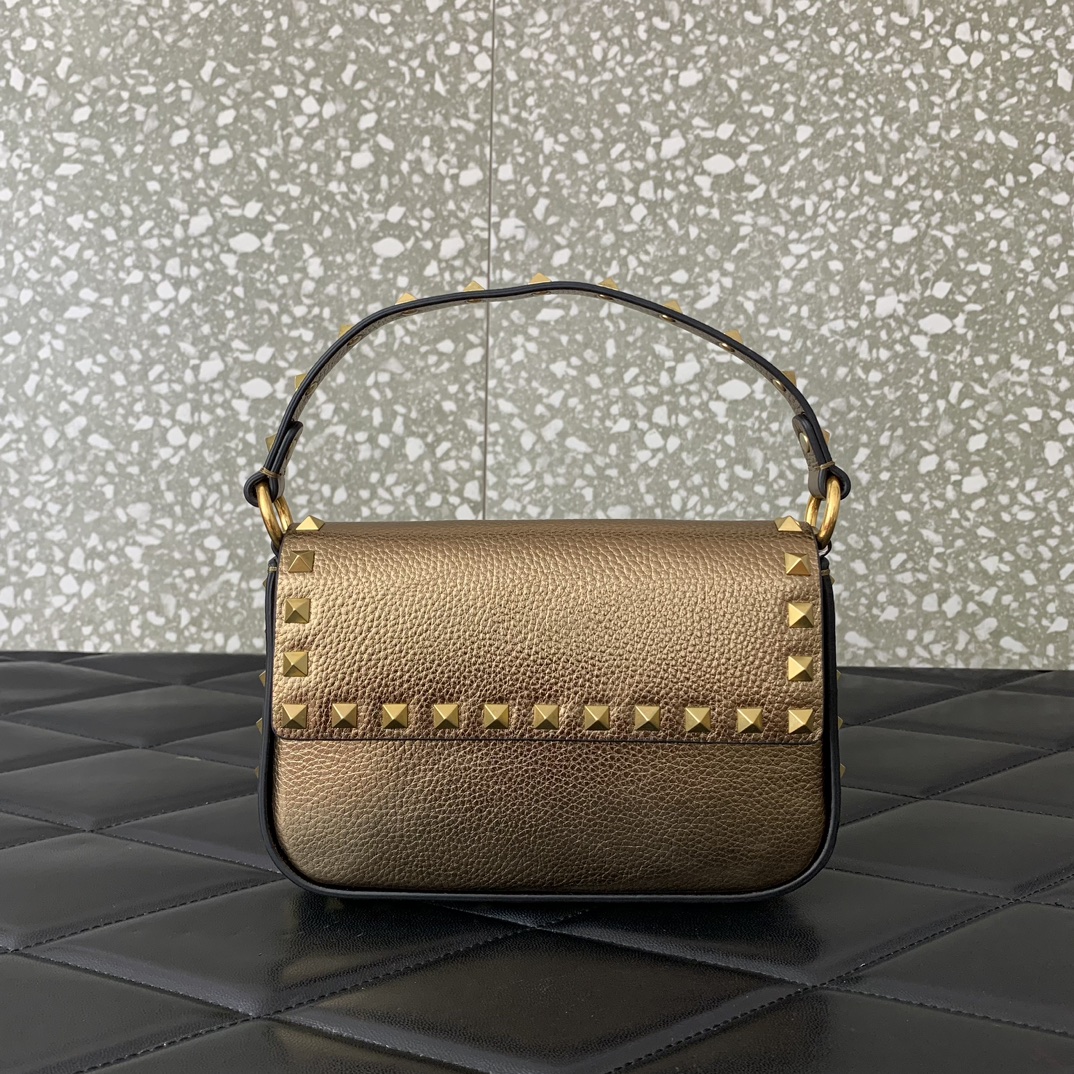 Valentino Garavani Rockstud Small Shoulder Bag in Gold Grainy Calfskin